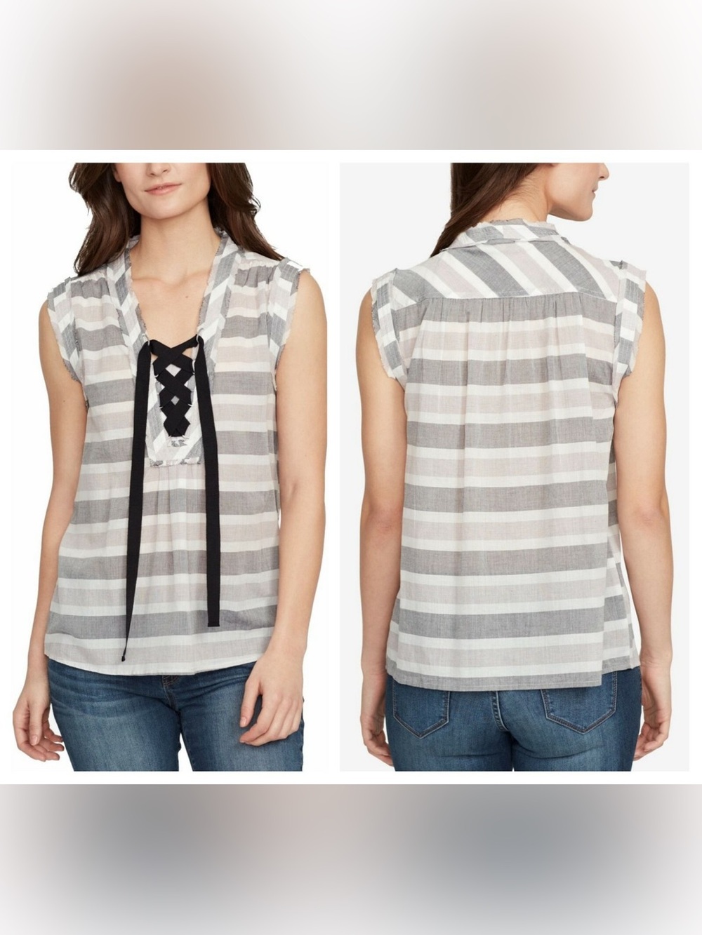 William Rast Striped V-Neck Tie-Front Lace Up Top